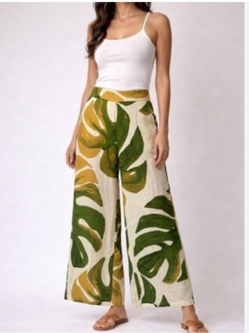 Rachel Zoe Green and Cream Tropical Print Elastic-Waist Pants